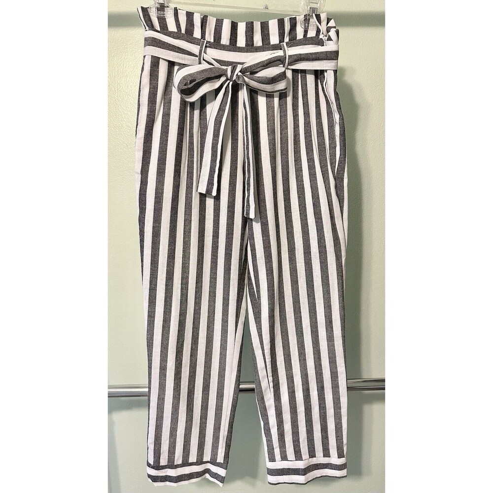 Black Striped High Rise Paper Bag Waist Wide Leg Pants Womens Size Small Hyfve